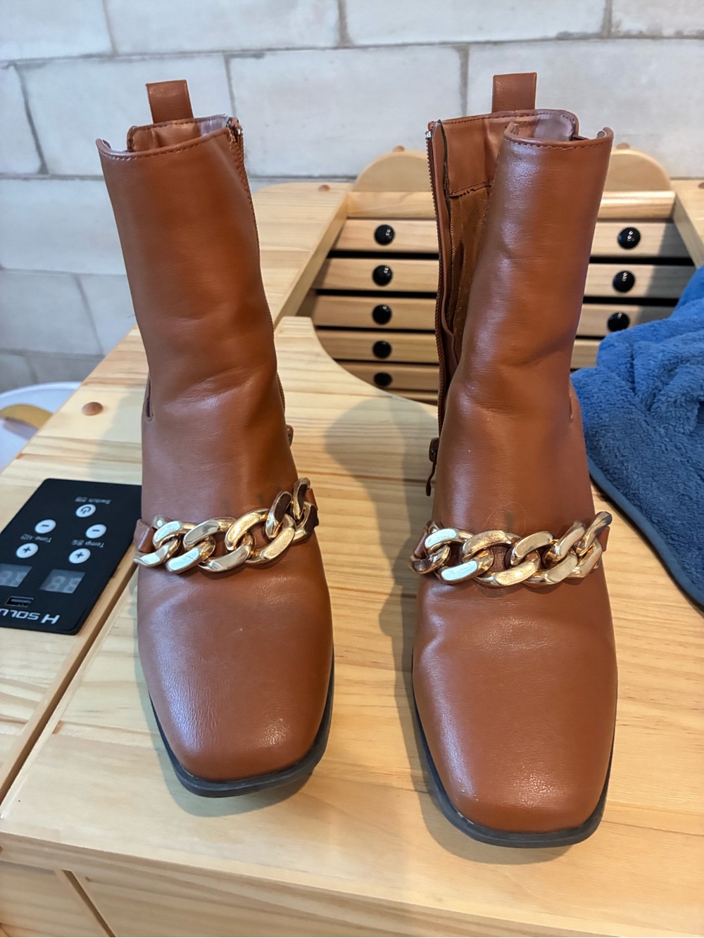 BAMBOO Brown Ankle Boots with Gold Chain Detail